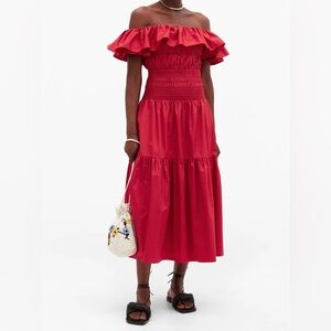 SELF-PORTRAIT Off-The-Shoulder Shirred Cotton-Poplin Midi Dress